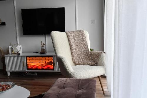 a living room with a chair and a fireplace at Apartman Vuk Divčibare in Divčibare