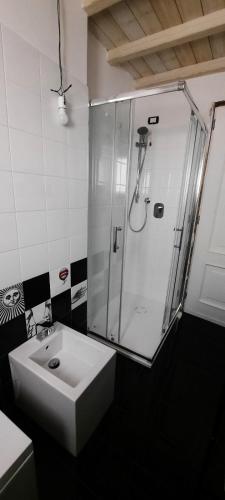 a bathroom with a shower and a white sink at Casa Porta dei Frati in Canepina