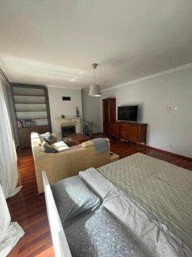 a living room with a bed and a couch at Apartament Airport Gdańsk in Gdańsk