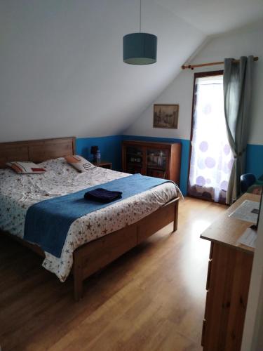 克呂斯的住宿－Chambre dans maison avec salle de bain collective，一间卧室配有一张带蓝色毯子的床和窗户。