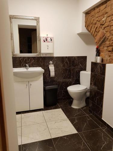 een badkamer met een wastafel, een toilet en een spiegel bij Jonaičių dvaras in Telšiai