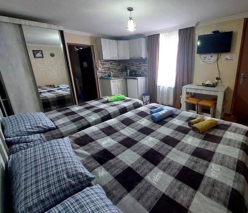 Pokój hotelowy z 2 łóżkami i lustrem w obiekcie Guesthouse Saba w Bordżomi