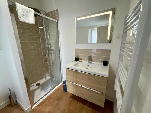 a bathroom with a sink and a shower at Appartement Le Voltaire centre ville climatisé in Saumur