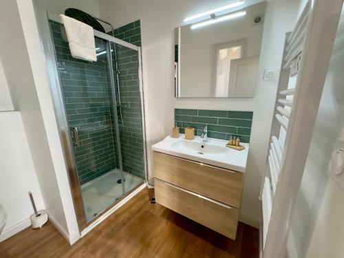 een badkamer met een wastafel en een douche bij Appartement Le Corneille centre ville climatisé in Saumur