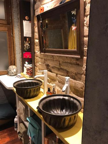 - 2 grandes lavabos en bois dans la salle de bains pourvue d'un miroir dans l'établissement Triplex avec terrasse, aux pieds de la cathédrale, 5 personnes, à Strasbourg