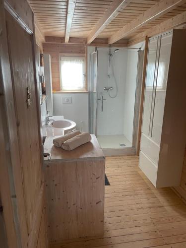 a bathroom with a shower and a sink and a tub at Luxe chalet Beek (gem Montferland) bosrijk, rust en privacy in Beek