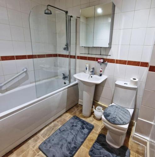 a bathroom with a toilet and a sink and a shower at 22A 2 Bedroom Flat close to city centre in Bristol