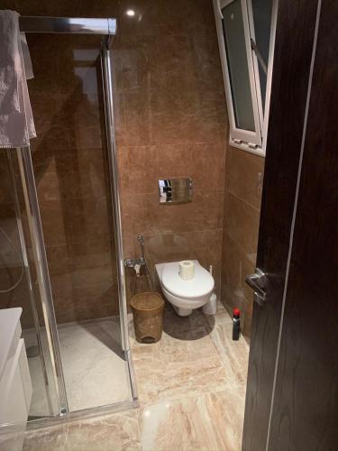 uma pequena casa de banho com WC e chuveiro em Appartement en résidence tunis em Tunes