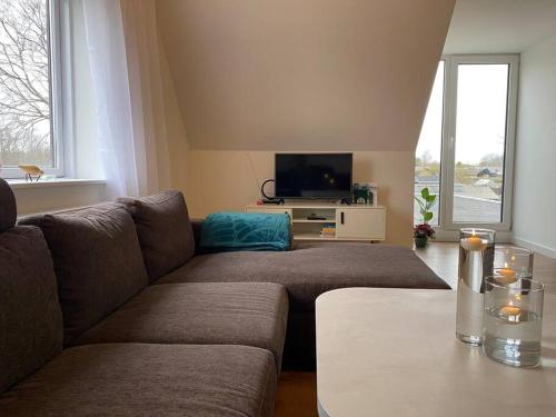 a living room with a couch and a tv at Sunny apartment in Åbybro