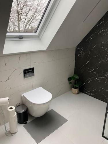 a bathroom with a white toilet and a window at Sunny apartment in Åbybro