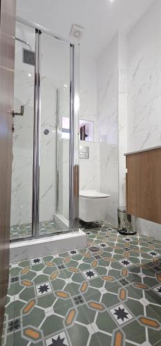 a bathroom with a shower and a toilet at ΣΟΧΟΣ ΠΑΡΑΔΟΣΙΑΚΕΣ ΟΙΚΙΕΣ - Σαχνισί in Zokhós