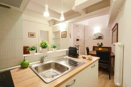 uma cozinha com um lavatório de aço inoxidável num quarto em Locanderia Roma em Roma
