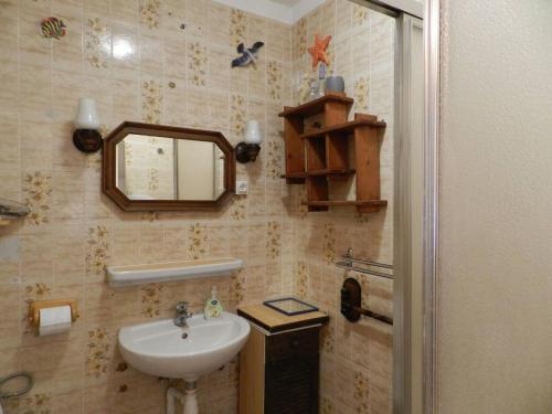 une salle de bain avec un lavabo et un miroir dans l'établissement Appartement 2 pièces cabine avec piscine, tennis, proche plage et marché - 4 couchages, Le Lavandou - FR-1-251-802, au Lavandou