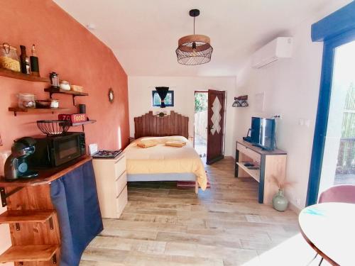een slaapkamer met een bed en een tv. bij Le cocon Cévenol in Anduze