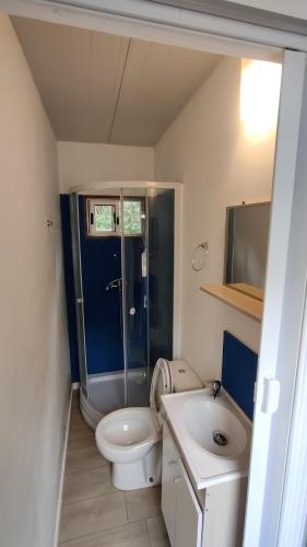 a bathroom with a toilet and a sink and a shower at Tiny house, casa de playa océan park in Ocean Park