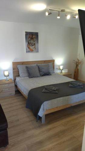 a bedroom with a large bed and two lamps at Apartment D&M in Premantura