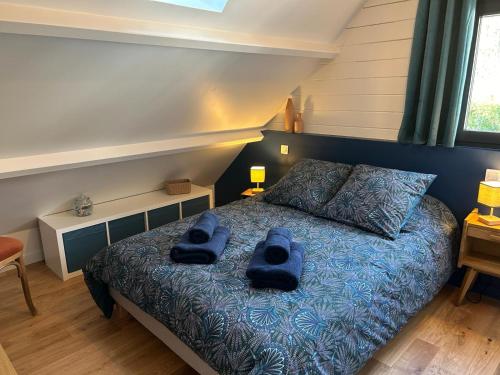 - une chambre avec un lit doté de 2 oreillers bleus dans l'établissement A l’ombre des chênes, à Coye-la-Forêt