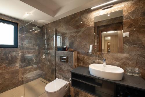 bagno con lavandino, servizi igienici e specchio di Hotel Kralj a Kraljevo