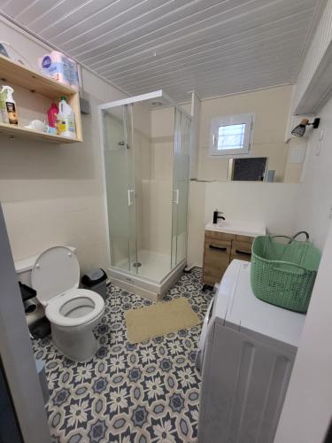 une salle de bain avec toilettes et douche en verre dans l'établissement JujuJajaCo, à Grand-Village-Plage