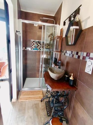 une salle de bain avec un lavabo et une douche dans l'établissement Le cocon Cévenol, à Anduze