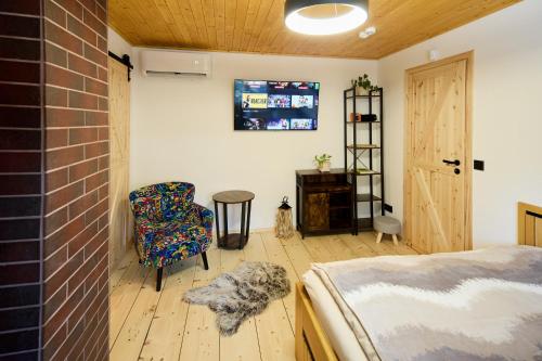 1 dormitorio con 1 cama, 1 silla y TV en Privátní chata Dori se saunou v ceně en Kouty