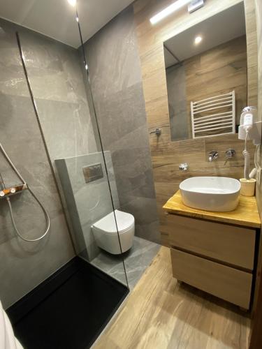 a bathroom with a sink and a toilet and a shower at Willa pod Czantorią SPA Ustroń in Ustroń