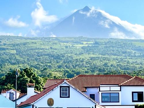 a mountain in the distance with houses and trees at Casa da Olivia in Lajes do Pico