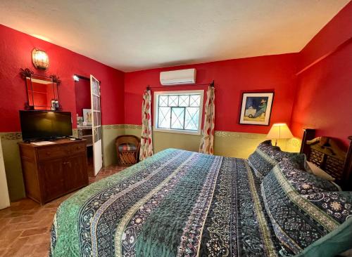 a bedroom with red walls and a bed and a television at Casa Camellia in San Miguel de Allende