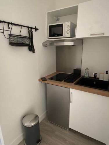 uma pequena cozinha com um lavatório e um micro-ondas em Appartement à Villenave d'Ornon avec jardin fraîchement rénové em Le Brucat