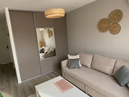 a living room with a couch and a mirror at Appartement à Villenave d'Ornon avec jardin fraîchement rénové in Le Brucat