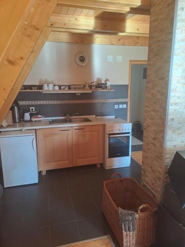 a large kitchen with a sink and a stove at Gorska vila in Žabljak