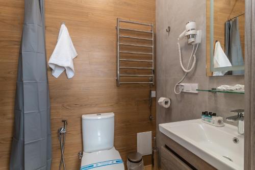 a bathroom with a toilet and a sink at Opera Passage Hotel & Apartments in Lviv