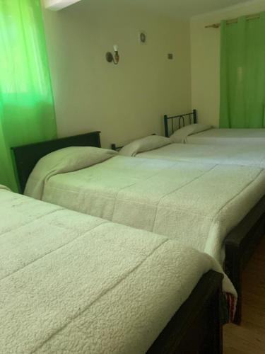 two beds in a room with green curtains at RESIDENCIAL ESMERALDA in Quilpué