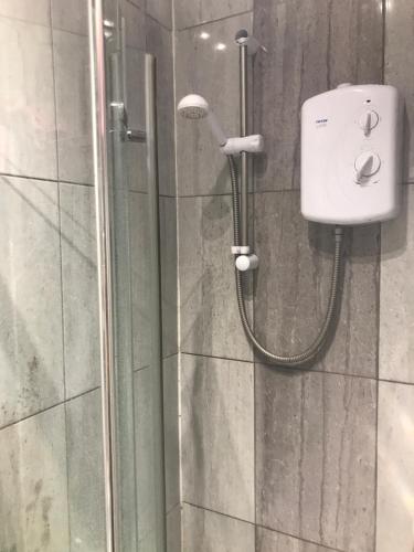 a shower with a shower head in a bathroom at Luxx apartment in Erith
