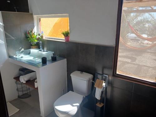a bathroom with a toilet and a sink and a window at Casa rural los Cerezos in Albox