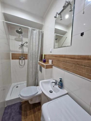 a bathroom with a sink and a toilet and a mirror at Mieszkanie na doby dla dwojga in Kraśnik