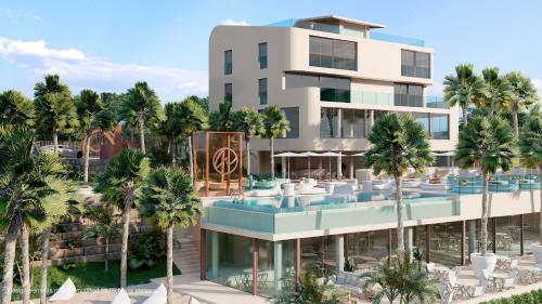 an image of a building with a pool and palm trees at Mara's Apartments Higuerón West - Luxurious & Sunny in Fuengirola