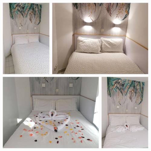 trois photos d'un lit avec des confettis dessus dans l'établissement Le Hameau Cap Estérel, à Valescure