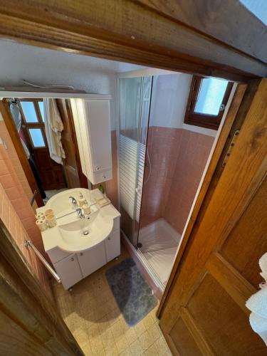 - une vue de tête sur une salle de bains pourvue d'un lavabo et d'une douche dans l'établissement T2 pour 4 personnes au cœur de St Martin Vesubie avec parking public devant, à Saint-Martin-Vésubie