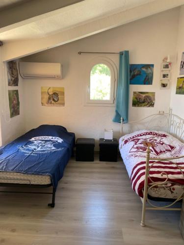 a bedroom with two beds and a window at Grande maison 132m2 avec jardin et piscine à 15min de la plage in La Crau