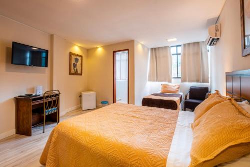 um quarto de hotel com uma cama, uma cadeira e uma secretária em Hotel Serra Everest em Nova Friburgo