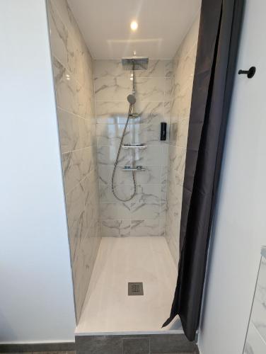 une salle de bain avec une douche avec un rideau de douche dans l'établissement Cosy et moderne avec Clim - Dent d'Oche, à Thonon-les-Bains