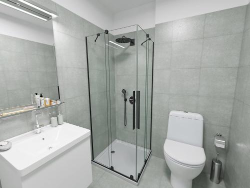 La salle de bains est pourvue d'une douche, de toilettes et d'un lavabo. dans l'établissement Premium Studio Rü, à Essen