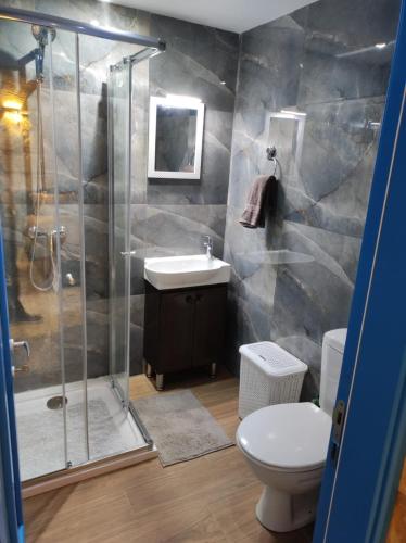 a bathroom with a shower and a toilet and a sink at Il Hnejja Farmhouse in Mqabba