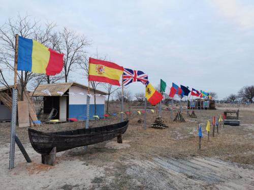 uma fila de bandeiras estão alinhadas num campo em Camping Letea Himalaya em Letea