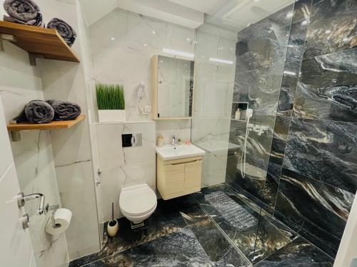 e bagno con servizi igienici e doccia. di Like home3 a Belgrado