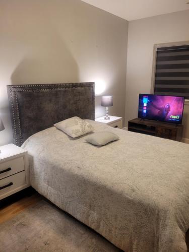 een slaapkamer met een bed en een flatscreen-tv bij Wissem in Edmonton