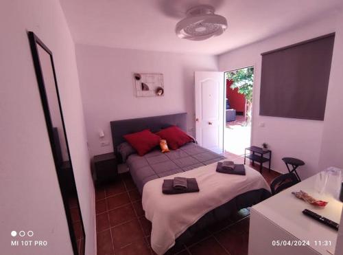 a bedroom with a bed with red pillows on it at La concha in La Laguna
