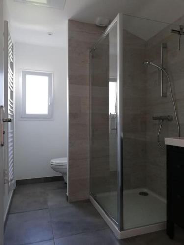 une salle de bain avec une douche en verre et des toilettes dans l'établissement Maison familiale en version 10 pers. plage à 300 m, à LʼÉpine