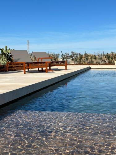 two benches sitting next to a body of water at Villa Narducci in Montalbano